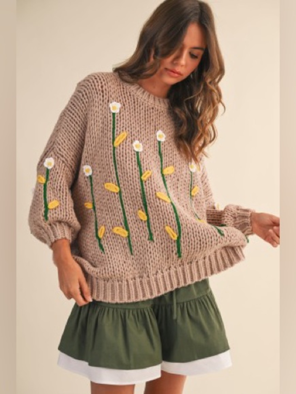 Beige Floral Embroidered Chunky Knit Sweater